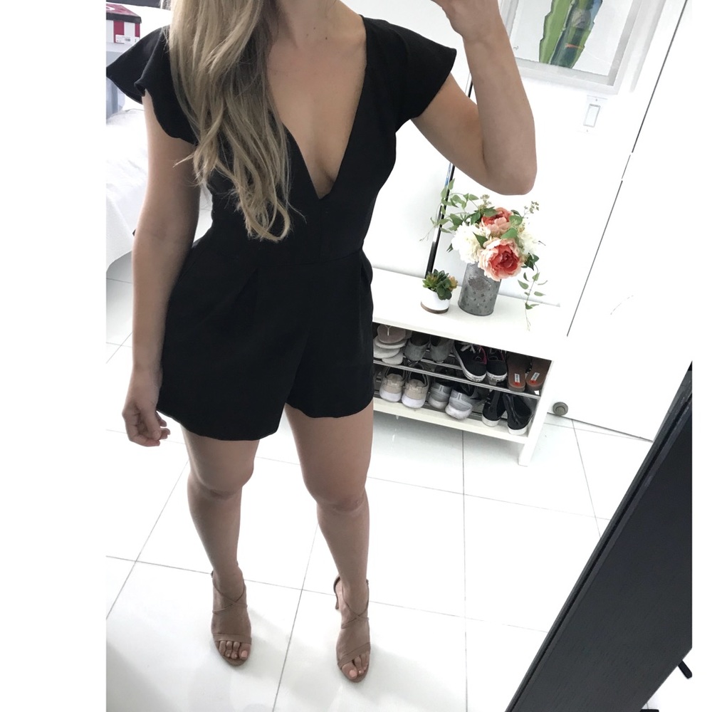 Black Low Cut Flutter Sleeve Romper